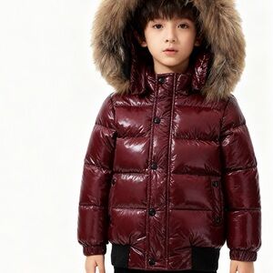 Children's Maroon Puffer Jacket with Faux Fur Trim